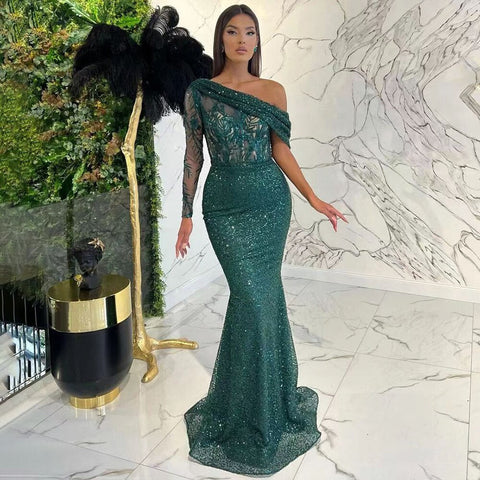 Green Mermaid Elegant Sexy One-Shoulder Luxury Pearls Beaded Evening Dresses Gowns  2025 For Women Party LA71717