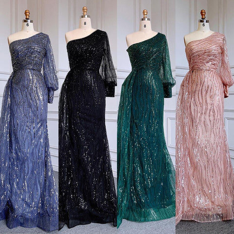 Green Mermaid Elegant Sexy One Shoulder Puff Sleeves Luxury Beaded Evening Dresses Gowns For Women Party LA71772