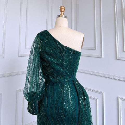 Green Mermaid Elegant Sexy One Shoulder Puff Sleeves Luxury Beaded Evening Dresses Gowns For Women Party LA71772