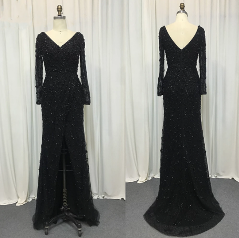 Green Mermaid Elegant V-Neck Pearls Long Sleeves Evening Dresses Luxury Beaded 2025 For Women Wedding Party LA70499