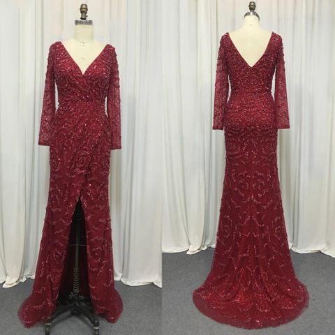 Green Mermaid Elegant V-Neck Pearls Long Sleeves Evening Dresses Luxury Beaded 2025 For Women Wedding Party LA70499