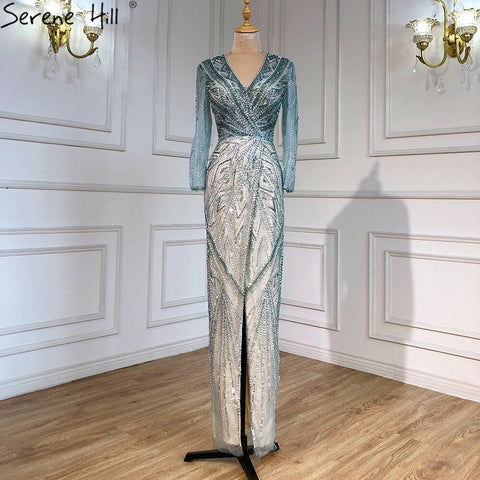 Robe de soirée sirène verte fendue, élégante et luxueuse, avec perles, pour femme, modèle LA71385, 2025 