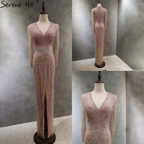 Robe de soirée sirène verte fendue, élégante et luxueuse, avec perles, pour femme, modèle LA71385, 2025 
