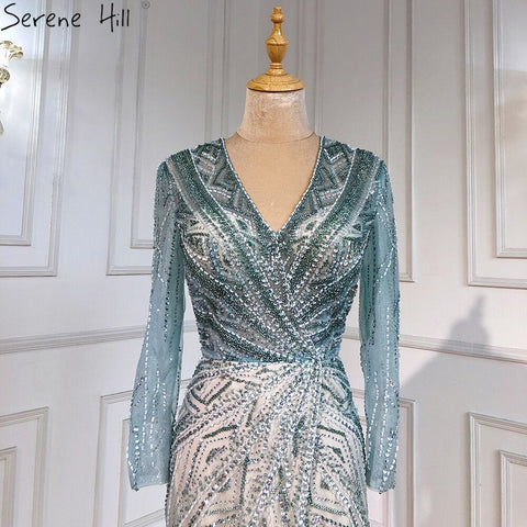 Robe de soirée sirène verte fendue, élégante et luxueuse, avec perles, pour femme, modèle LA71385, 2025 
