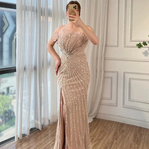Green Mermaid High Split Off Shoulder Beaded Luxury Dubai Evening Dresses Gowns 2025 For Women Party LA72049