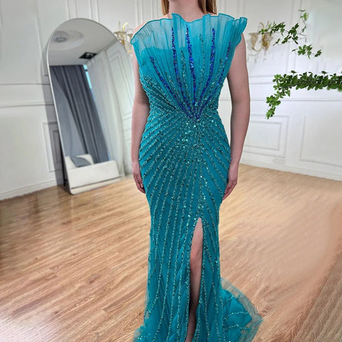 Green Mermaid High Split Off Shoulder Beaded Luxury Dubai Evening Dresses Gowns 2025 For Women Party LA72049