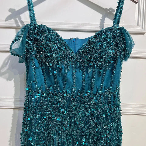 Green Mermaid High Split Off Shoulder Evening Dresses Feather Beaded Gowns Long 2025 For Women Party LA71650A