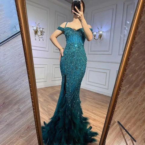 Green Mermaid High Split Off Shoulder Evening Dresses Feather Beaded Gowns Long 2025 For Women Party LA71650A