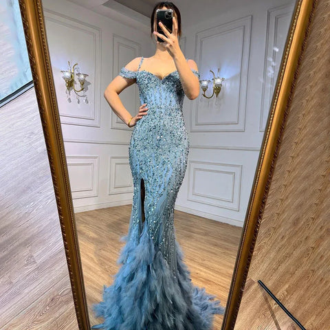 Green Mermaid High Split Off Shoulder Evening Dresses Feather Beaded Gowns Long 2025 For Women Party LA71650A