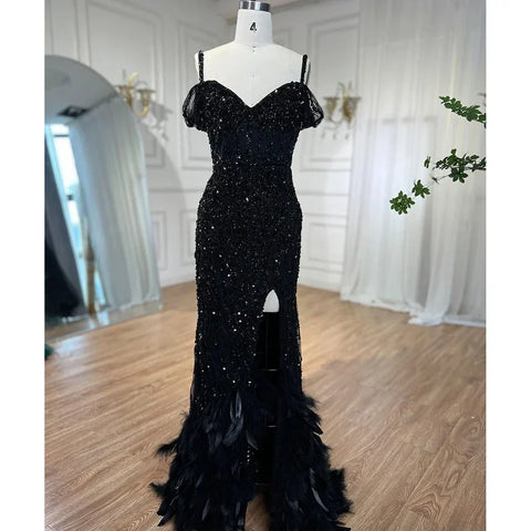 Green Mermaid High Split Off Shoulder Evening Dresses Feather Beaded Gowns Long 2025 For Women Party LA71650A