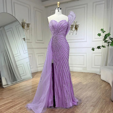 Green Mermaid High Split One Shoulder Beaded Evening Dresses Gowns For  Wedding Party 2025 LA71779