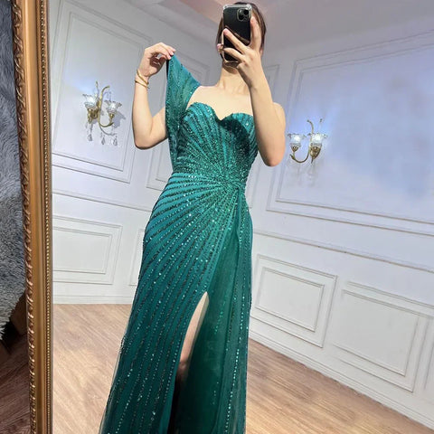 Green Mermaid High Split One Shoulder Beaded Evening Dresses Gowns For  Wedding Party 2025 LA71779