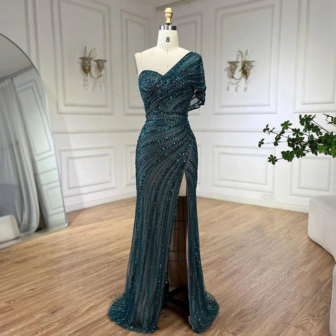 Green Mermaid High Split One Shoulder Beaded Evening Dresses Gowns for Women Wedding Party 2025 LA72364
