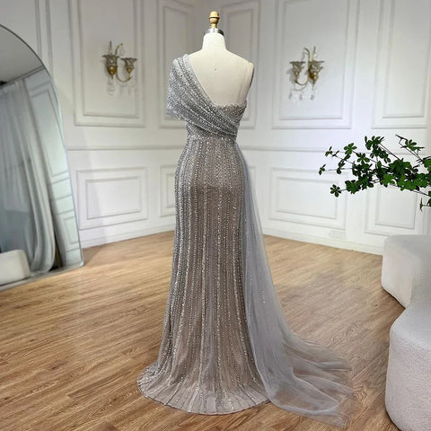 Green Mermaid High Split One Shoulder Beaded Evening Dresses Gowns for Women Wedding Party 2025 LA72364