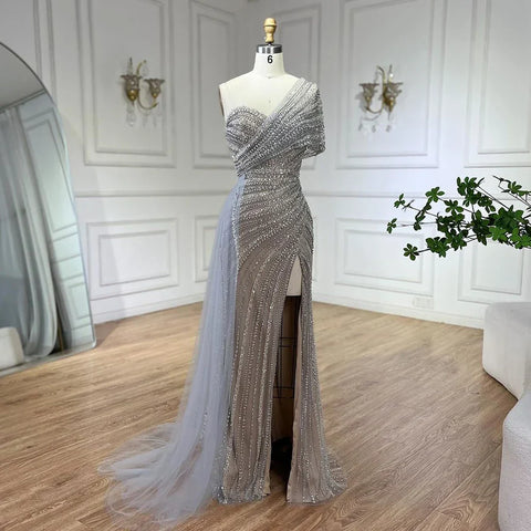 Green Mermaid High Split One Shoulder Beaded Evening Dresses Gowns for Women Wedding Party 2025 LA72364