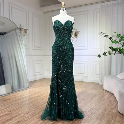 Green Mermaid High Split  Spaghetti Strap  Evening Dresses Feather Beaded Gowns For Women Party LA72238