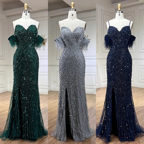 Green Mermaid High Split  Spaghetti Strap  Evening Dresses Feather Beaded Gowns For Women Party LA72238
