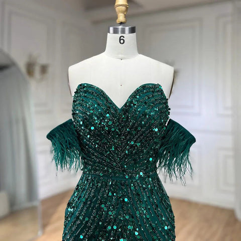 Green Mermaid High Split  Spaghetti Strap  Evening Dresses Feather Beaded Gowns For Women Party LA72238