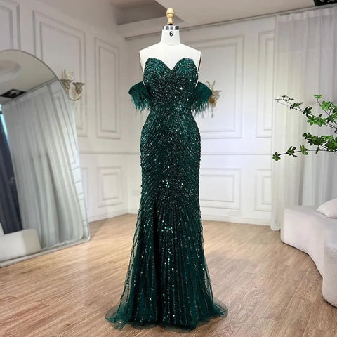 Green Mermaid High Split  Spaghetti Strap  Evening Dresses Feather Beaded Gowns For Women Party LA72238