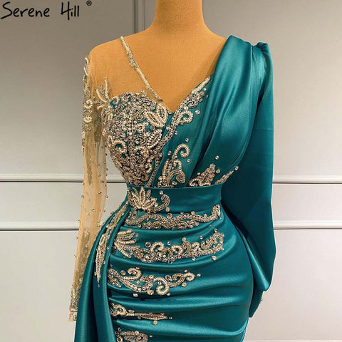 Green Mermaid Satin Evening Dresses Gowns 2025 Muslim Elegant Beaded Luxury For Women Party LA71370