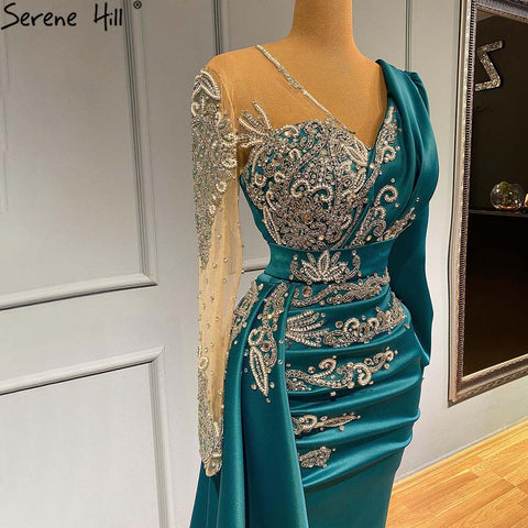 Green Mermaid Satin Evening Dresses Gowns 2025 Muslim Elegant Beaded Luxury For Women Party LA71370