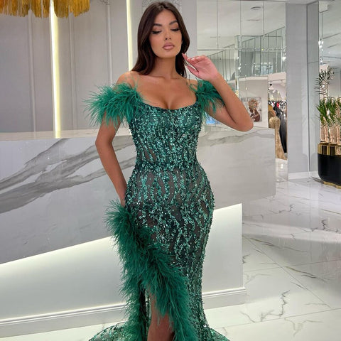Green Mermaid Sexy High Split Luxury Beaded Feather Evening Dresses  Gowns 2025 For Woman Wedding Party LA72043