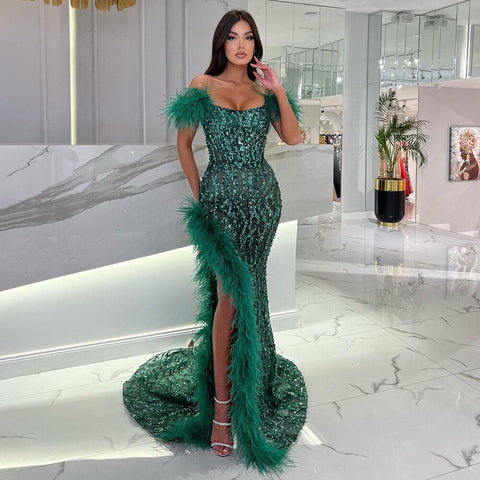 Green Mermaid Sexy High Split Luxury Beaded Feather Evening Dresses  Gowns 2025 For Woman Wedding Party LA72043