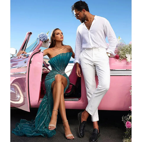 Green Mermaid Sexy High Split Off Shoulder Beaded Luxury Dubai Evening Dresses Gowns 2025 For Women Party LA72049