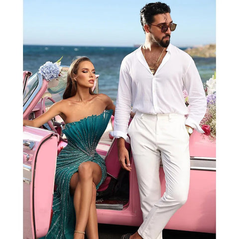 Green Mermaid Sexy High Split Off Shoulder Beaded Luxury Dubai Evening Dresses Gowns 2025 For Women Party LA72049