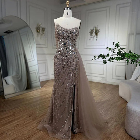 Green Mermaid Spaghetti Straps High Split Beaded Sequined Evening Dresses Gowns 2025 For Women Party LA72212