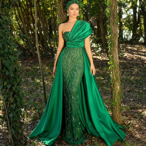 Green Mermaid With Train Evening Dresses Gowns 2025 Luxury Beading Elegant For Women Party LA71108