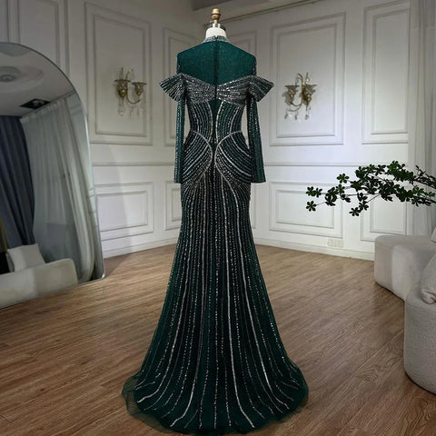 Robe de soirée sirène verte élégante et perlée pour femme musulmane, tenue de luxe de Dubaï, pour fête de mariage, 2025, LA72547 