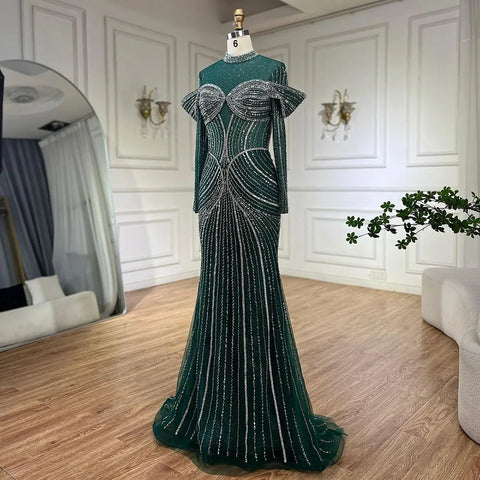 Robe de soirée sirène verte élégante et perlée pour femme musulmane, tenue de luxe de Dubaï, pour fête de mariage, 2025, LA72547 