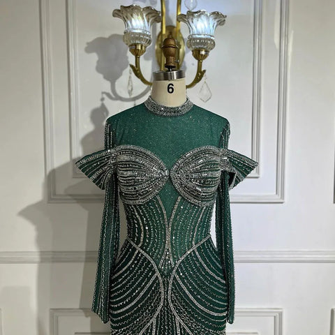 Robe de soirée sirène verte élégante et perlée pour femme musulmane, tenue de luxe de Dubaï, pour fête de mariage, 2025, LA72547 