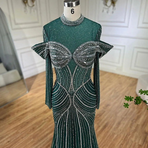 Robe de soirée sirène verte élégante et perlée pour femme musulmane, tenue de luxe de Dubaï, pour fête de mariage, 2025, LA72547 