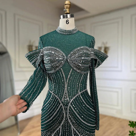 Robe de soirée sirène verte élégante et perlée pour femme musulmane, tenue de luxe de Dubaï, pour fête de mariage, 2025, LA72547 