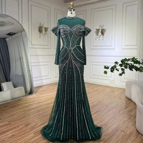Robe de soirée sirène verte élégante et perlée pour femme musulmane, tenue de luxe de Dubaï, pour fête de mariage, 2025, LA72547 