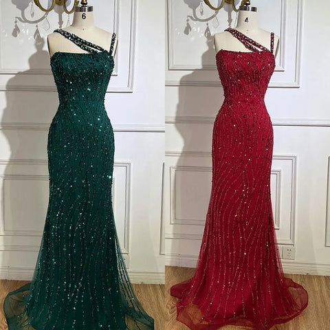 Green One Shoulder Mermaid Elegant Beaded Luxury Red Evening Dress Gown for Women's Wedding Party 2025 LA72340