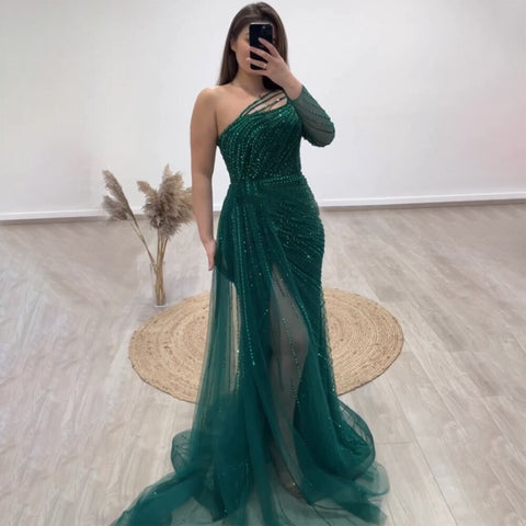 On Sale no return no refund Green One Shoulder Mermaid Split Open Evening Dresses Beaded Sexy Party Gowns 2025 For Women LA72046