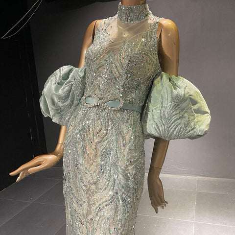 Vestidos de noche verdes con mangas abullonadas, estilo sirena, con cuentas, elegantes y lujosos para mujer, colección 2025, modelo LA71537 