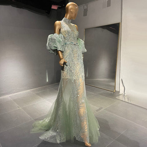 Vestidos de noche verdes con mangas abullonadas, estilo sirena, con cuentas, elegantes y lujosos para mujer, colección 2025, modelo LA71537 