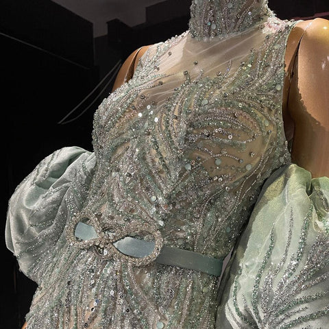 Vestidos de noche verdes con mangas abullonadas, estilo sirena, con cuentas, elegantes y lujosos para mujer, colección 2025, modelo LA71537 