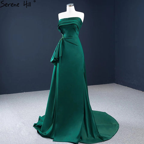 Robe de soirée trapèze en satin vert, sans manches, avec perles, modèle HM67203, 2025 