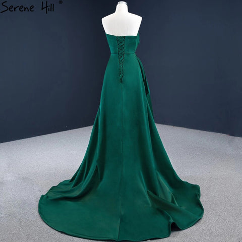 Robe de soirée trapèze en satin vert, sans manches, avec perles, modèle HM67203, 2025 