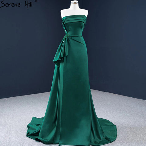 Robe de soirée trapèze en satin vert, sans manches, avec perles, modèle HM67203, 2025 