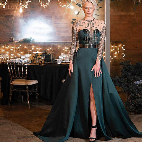 Robe de soirée en satin vert 2025, coupe trapèze, perles, sexy, pour femme, fête de mariage, LA71067 