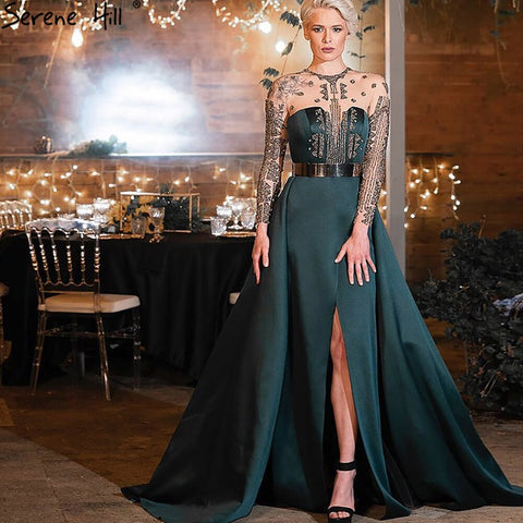 Robe de soirée en satin vert 2025, coupe trapèze, perles, sexy, pour femme, fête de mariage, LA71067 