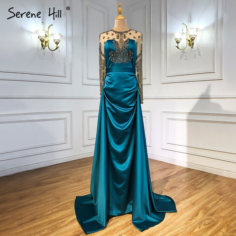 Robe de soirée en satin vert 2025, coupe trapèze, perles, sexy, pour femme, fête de mariage, LA71067 