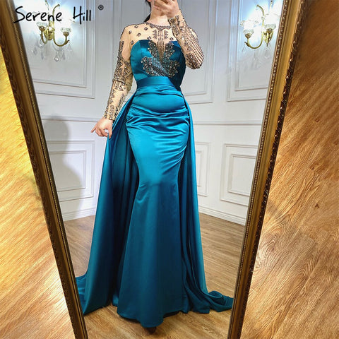 Robe de soirée en satin vert 2025, coupe trapèze, perles, sexy, pour femme, fête de mariage, LA71067 