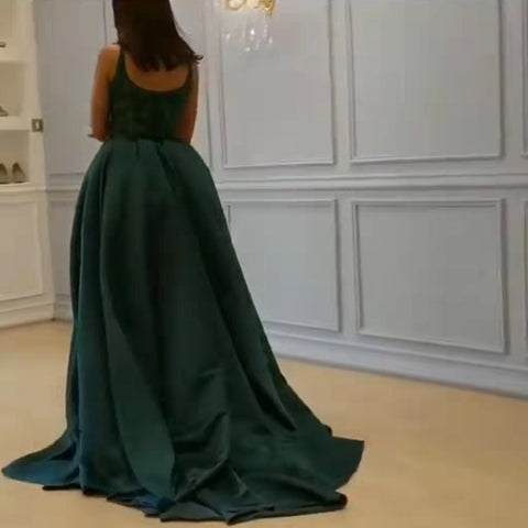 Green Satin Mermaid Avond Jurken 2025 Kralen Elegante Hoge Split Voor Vrouwen Party LA71574